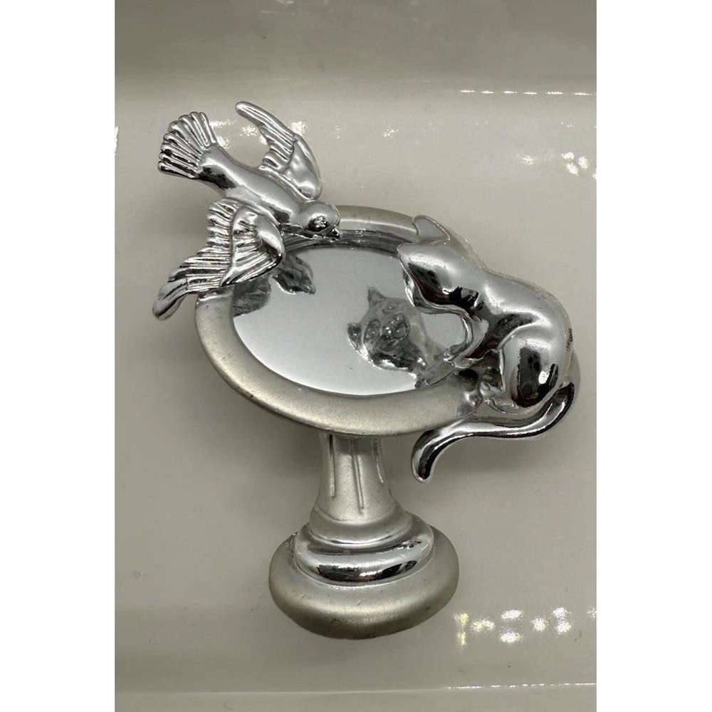 Vintage Danecraft Birdbath Brooch Mirrored Bird Cat Silver Tone Whimsical Shiny